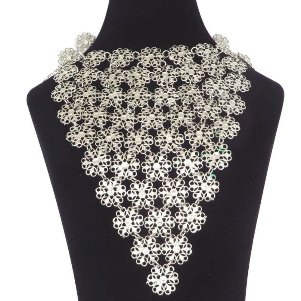 Vendome Silver Flowers Bib Choker Necklace - Vintage 60's